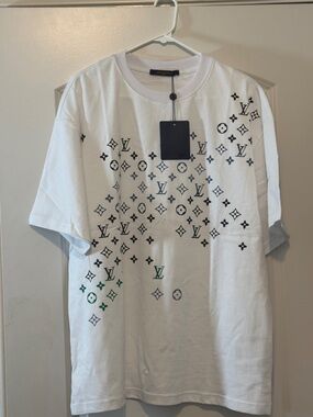 Louis Vuitton White Short Sleeve Tee with Black & Green Monogram